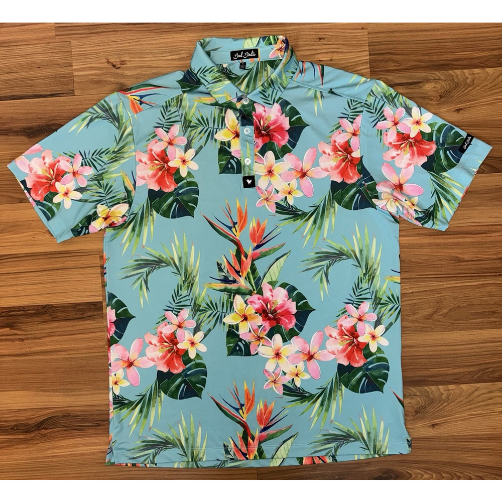 Bad Birdie Tropical Floral Golf Polo Men's L Hawaiian Island AOP Beach Vacation